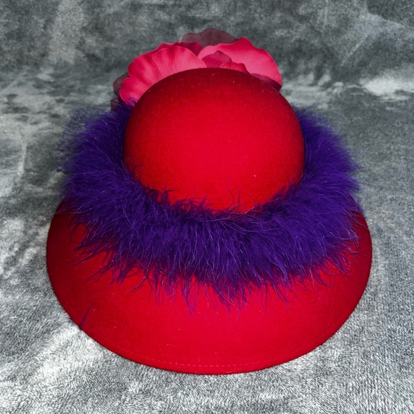 SPECTACULAR RED HAT society Kentucky Derby Hat With Purple Trim And Red Flower - Picture 1 of 9